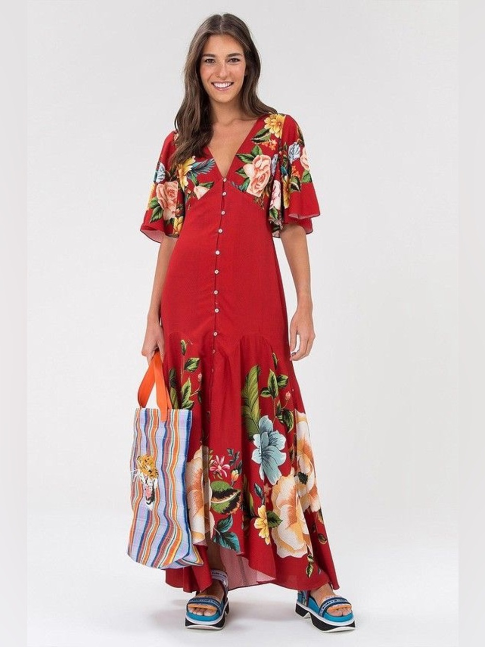 Farm Rio Red "Flor por Flor" Tropical Floral Button-Front Maxi Dress